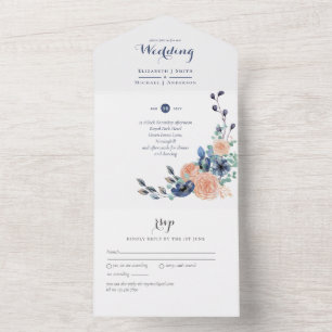 All Inclusive koraal en blauwe bruiloft uitnodigin All In One Uitnodiging