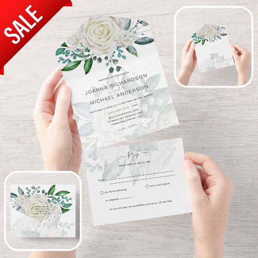 All Inclusive Witte Rozen Bruiloft Bloemen RSVP All In One Uitnodiging