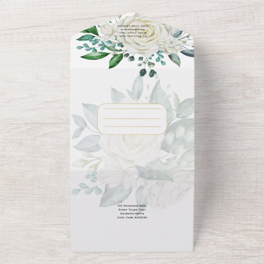 All Inclusive Witte Rozen Trouwboeket RSVP All In One Uitnodiging (Buitenkant)