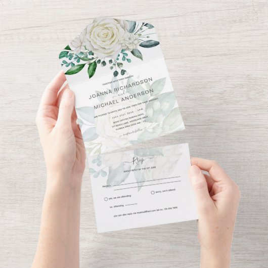 All Inclusive Witte Rozen Trouwboeket RSVP All In One Uitnodiging (Afscheurbaar)