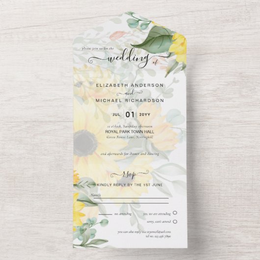 All Inclusive Zonnebloemen Rustieke Bruiloft RSVP All In One Uitnodiging (Binnen)