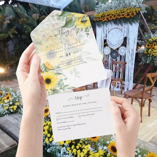 All Inclusive Zonnebloemen Rustieke Bruiloft RSVP All In One Uitnodiging