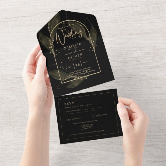 All Inclusive Zwart Goud Elegant Bruiloft RSVP All In One Uitnodiging (Afscheurbaar)