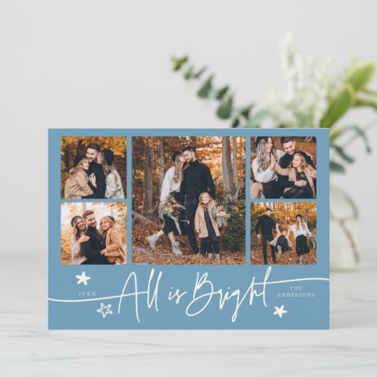 All Is Bright Denim Blue Multi Photo Holiday Card Feestdagenkaart (Staand voorkant)