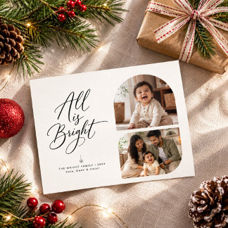 All Is Bright Script Two Photo Familie Kerstmis Feestdagenkaart