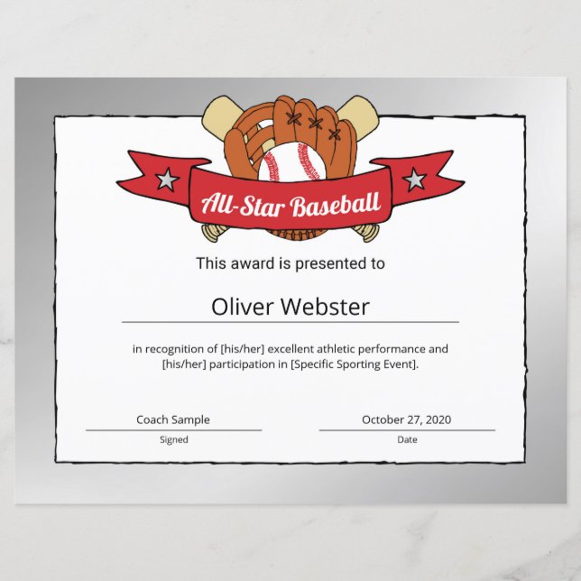 All-Star Baseball Player Award BaseballCertificate (Voorkant)