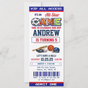 All Star Sport Ticket Verjaardagsfeest Uitnodiging