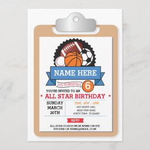 All Star Sports Party Basketbal Verjaardag Uitnodi Kaart