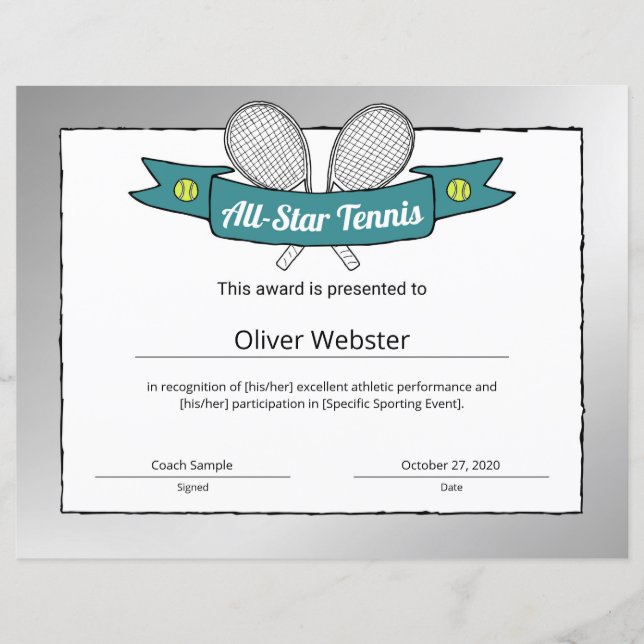 All-Star Tennis Player Award Tennis certificaat (Voorkant)