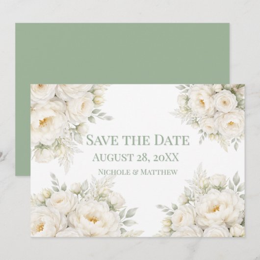 All White Floral Wedding Save the Date (Devant / Derrière)