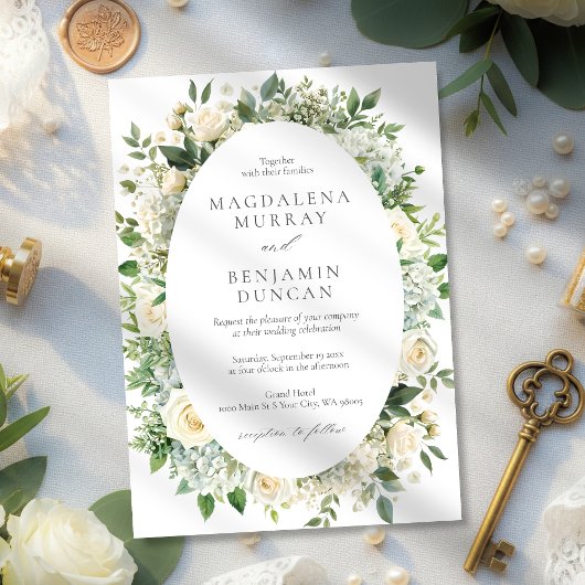All White Hydrangeas Roses Floral Frame Wedding Kaart