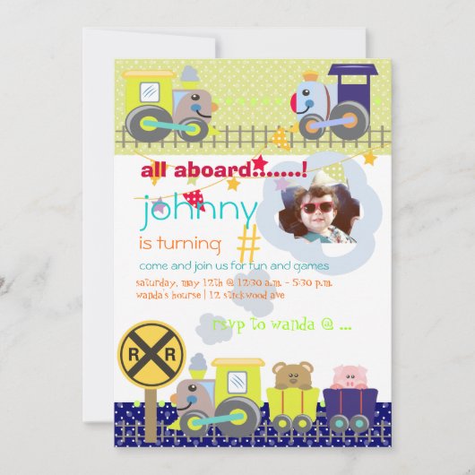Alle aan boord, treinen verjaardagsfeestje uitnodi kaart (Voorkant)
