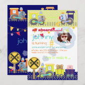 Alle aan boord, treinen verjaardagsfeestje uitnodi kaart (Voorkant / Achterkant)