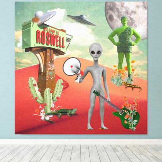 Alle Aliens UFO-woestijn Surreal Collage Canvas Afdruk (Insitu (Houten vloer))