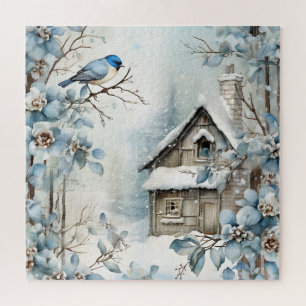 Alle Blauwe Winter Scene Vogel Oude Cabin Bloesems Legpuzzel