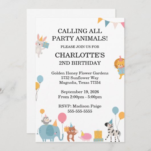 Alle feestdieren verjaardagsfeest kaart (Voorkant / Achterkant)