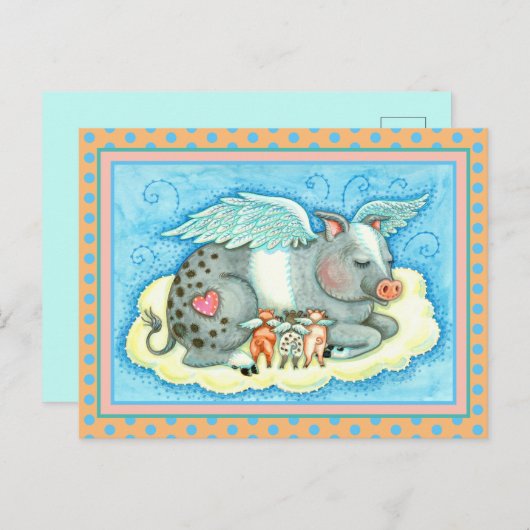 ALLE GOEDE PIGLETS GAAT NAAR HEEVEN, KUTE PIG ANGE BRIEFKAART (Voorkant / Achterkant)