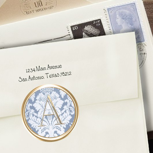 ALLE INITIALEN Goud Monogram Blauw Damask Ronde Sticker