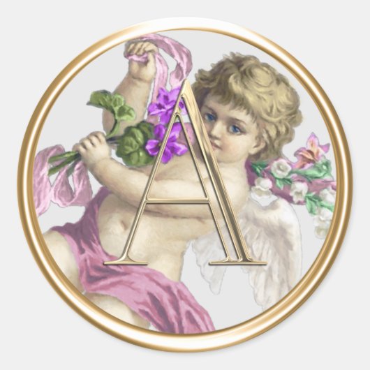 ALLE INITIALEN Goud Monogram Cherub Dusty Roos Roz Ronde Sticker (Voorkant)