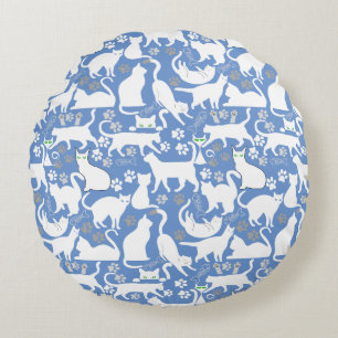 Alle Katten patroon.w.bx4 L Blauw BG Rond Kussen