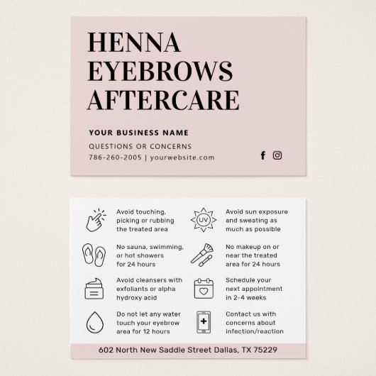 Alle kleurentint Henna Brows Aftercare Kaart Advie (Voorkant /achterkant)