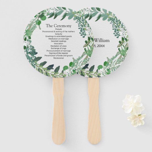 Alle Seizoenen Groen Bladblad Krans Trouwprogramma Handwaaier (Voorkant en achterkant)