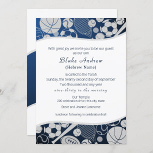 Alle sporenbalk Mitzvah Silver Blue Invitation 2 Kaart