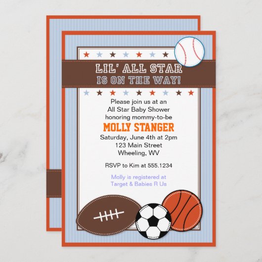 Alle Star Sport Baby shower Uitnodiging (Voorkant / Achterkant)