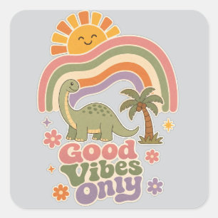 Alleen Goede Vibes Dinosaur   Retro Boho Regenboog Vierkante Sticker