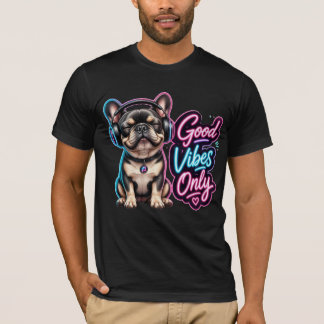 Alleen Goede Vibes Franse Bulldog Neon Typografie  T-shirt