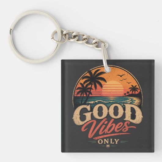 Alleen Goede Vibes Retro Zonsondergang Design Sleutelhanger (voorkant)