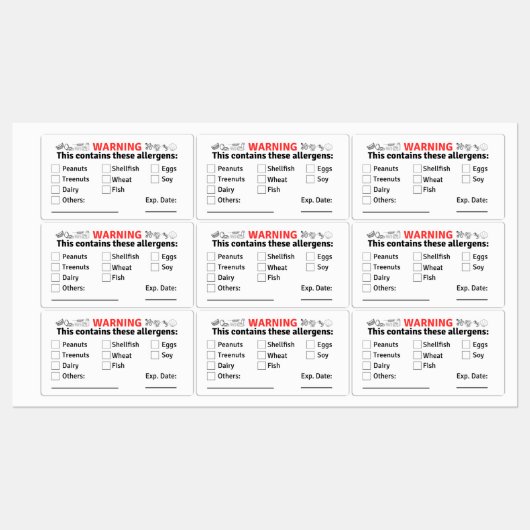 Allergène Étiquettes pour contenants alimentaires (Feuille)