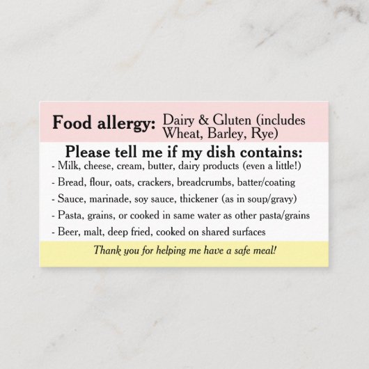 Allergie Dining Kaart, Coeliakie vriendelijk Resta Contactkaartje (Achterkant)