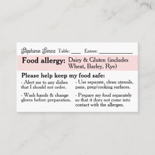 Allergie Dining Kaart, Coeliakie vriendelijk Resta Contactkaartje