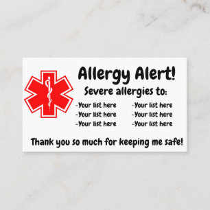 Allergy Alert Dining Card - in het Engels en Spaan Visitekaartje