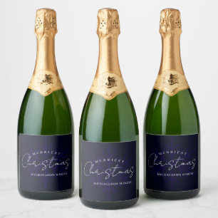 Allerleukste Kerstsneeuwvlok Navy Blauwe Sparkling Wijnetiket