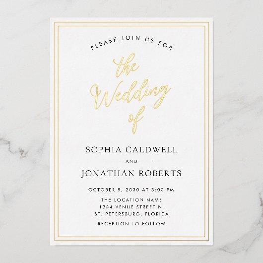 Alles bij elkaar in één etherische goudkalligrafie folie uitnodiging (Voorkant)