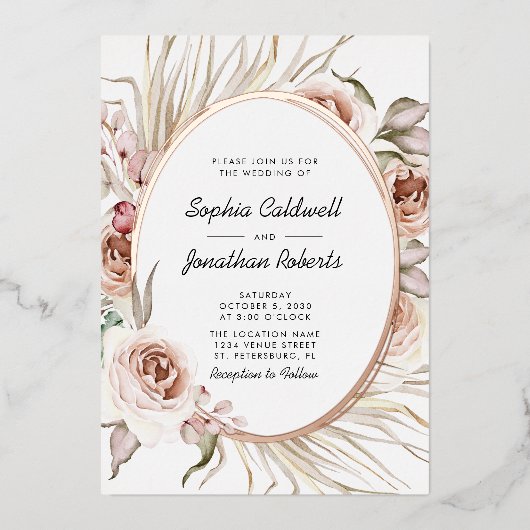 Alles in één bruiloft Boho Floral Real Roos Gold Folie Uitnodiging (Voorkant)