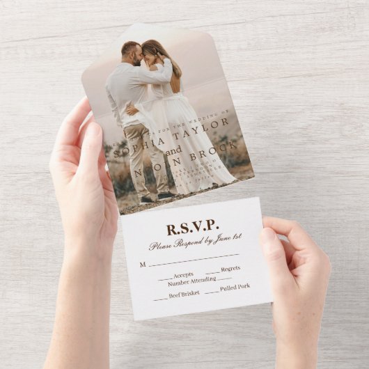Alles-in-één bruiloft RSVP met romantische kalligr All In One Uitnodiging (Afscheurbaar)