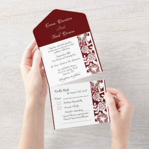 Alles in één bruiloft uitnodigingen en RSVP Maroon