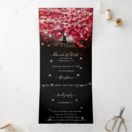 Alles in één elegante rode en roze hartritmebruilo drieluik uitnodiging