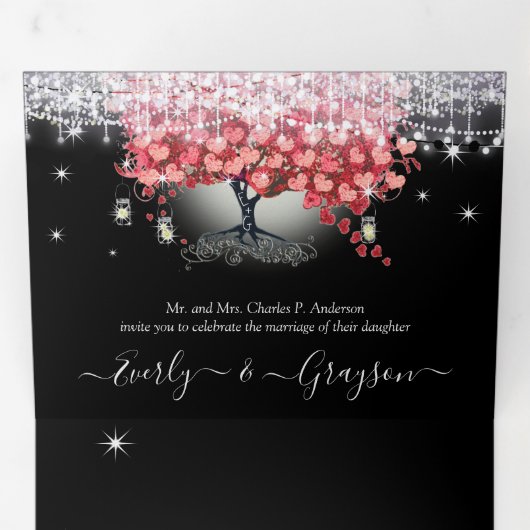 Alles in één elegante rode en roze hartritmebruilo drieluik uitnodiging (Binnenzijde eerst)