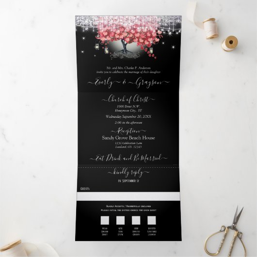 Alles in één elegante rode en roze hartritmebruilo drieluik uitnodiging (Binnen)