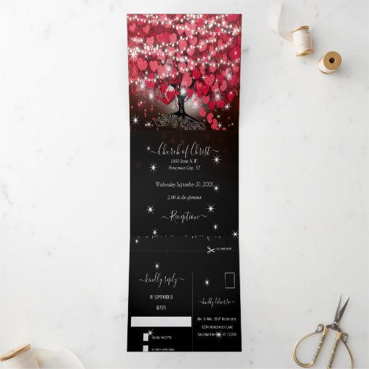 Alles in één elegante rode en roze hartritmebruilo drieluik uitnodiging (Binnen)