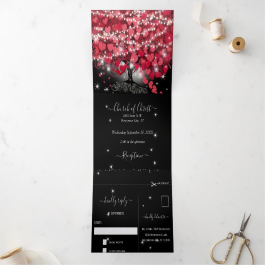 Alles in één elegante rode en roze hartritmebruilo drieluik uitnodiging (Binnen)