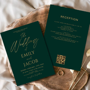 Alles in één Emerald Green Gold Wedding QR-code Kaart