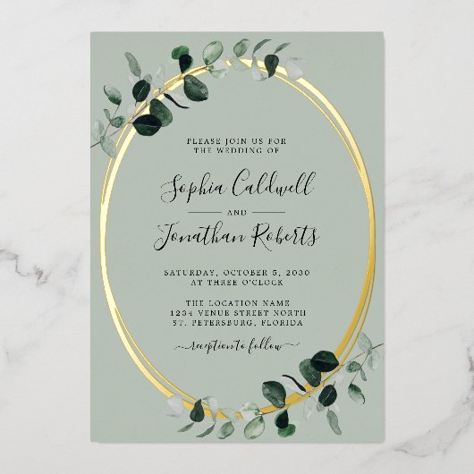 Alles in één Eucalyptus Sage Gold Oval Weddenschap Folie Uitnodiging (Voorkant)