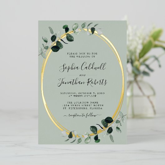 Alles in één Eucalyptus Sage Gold Oval Weddenschap Folie Uitnodiging (Staand Voorkant)