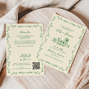 Alles in een groene hand getekend QR Code Wedding Kaart