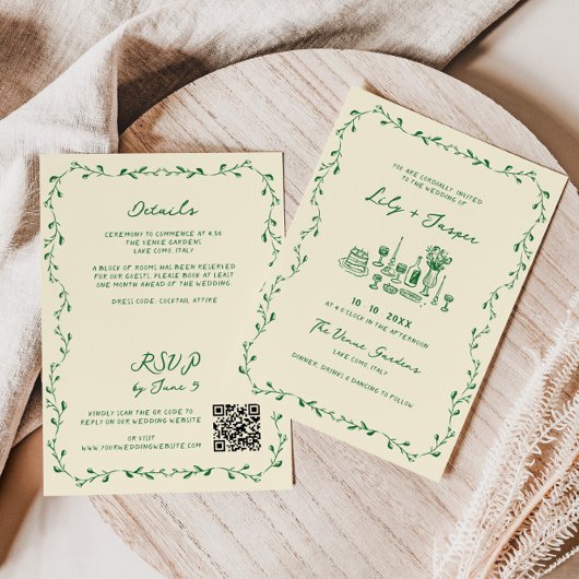 Alles in een groene hand getekend QR Code Wedding Kaart